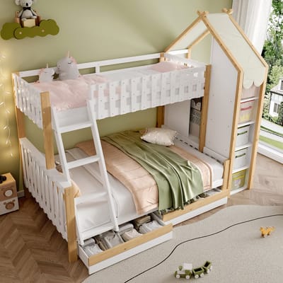 Stapelbed - 90x200cm - 140x200cm - huisdecoratie stroken - met lade - onregelmatige omheining - zonder matras - wit en houtkleur