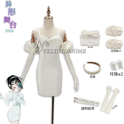 Sua Cosplay Kostuum Pruik Anime Buitenaards Podium Cosplay Kostuum Microfoon Wit Jurkje Oorbellen Korte Zwarte Pruik Sua Cosplay Kleding XL white