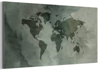 Aluminium schilderij 40x20 cm - Wanddecoratie metaal - Wereldkaart - Groen - Grijs - Metalen muurdecoratie woonkamer - Decoratie industrieel - Foto op dibond - Industriële accessoires slaapkamer