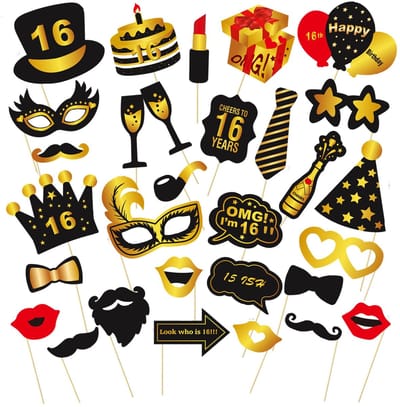 Dailygoods- Fotobooth Rekwisieten 30-delige DIY Kit - Grappige Accessoires - Zwart-gouden Thema - Houten Stokjes - Professioneel Gedrukt op Karton - Fotorekwisieten