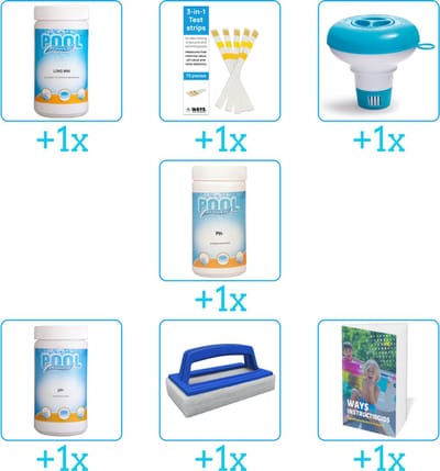 Zwembad Onderhoudspakket - Onderhoud Zwembad - bevat Chloor - Testrips - Chloordrijver - PH-min - PH-plus - Scrubborstel en Zwembadgids (7-delig)