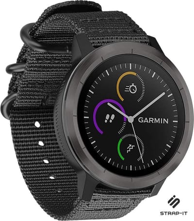 Strap-it Nylon gesp smartwatch bandje - geschikt voor Garmin Vivoactive 3 / Vivoactive 5 / Venu / Venu SQ / Vivomove HR / Forerunner 245 / 570 - 42mm / 645 - zwart