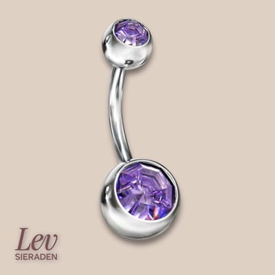 Lev Sieraden - Navel piercing met 4 en 6 mm bal met steen 1.6 x 12 mm chirurgisch staal Navel Piercing Amathist steen kleur