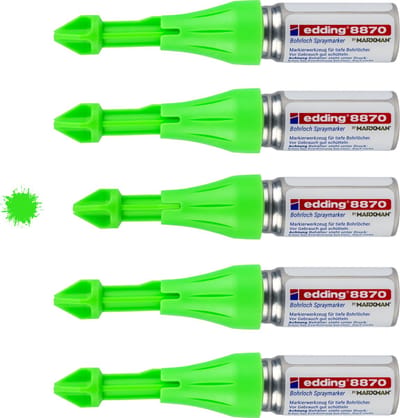 edding 8870 deep hole spray marker by marxman - markeringspen voor diepe gaten neongroen - doos van 5 - krijtspuit maakt markeren door boorgaten tot 50 mm diepte en 3-13 mm diameter mogelijk - 250 markeringen per spuitbus