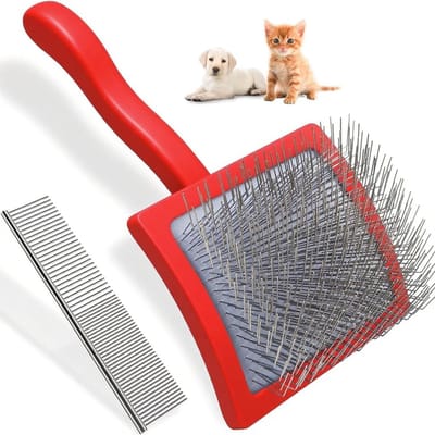 Haarverwijderingsborstel voor Honden en Katten met Flexibele RVS Haren, Ergonomische Handgreep, Ideaal voor Dode Vacht en Onderhoud van Middelgrote en Grote Huisdieren