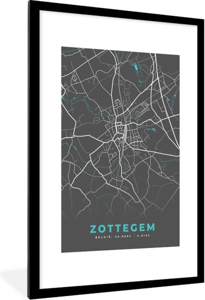 Fotolijst incl. Poster - België – Zottegem – Stadskaart – Kaart – Blauw – Plattegrond - 80x120 cm - Posterlijst
