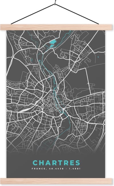 Posterhanger incl. Poster 40x60 cm - Schoolplaat - Chartres - Plattegrond - Kaart - Stadskaart - Frankrijk - Textielposter - Blanke latten - Stadskaart