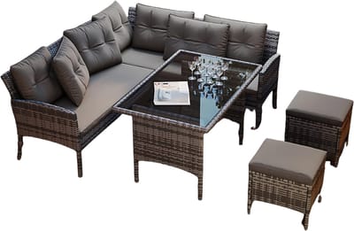 Tuinmeubelset - Loungeset - Tuinlounge Lounge Set - Lounge Set voor 7 Personen - Inclusief Sofa, Tafel, Kruk en Wasbare Kussens