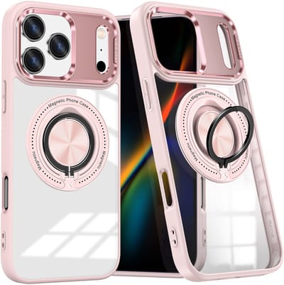 Magsafe Hoesje Geschikt voor iPhone 17 Pro Max hoesje Rose Goud Transparant - Met kickstand Draaibare Ring Houder