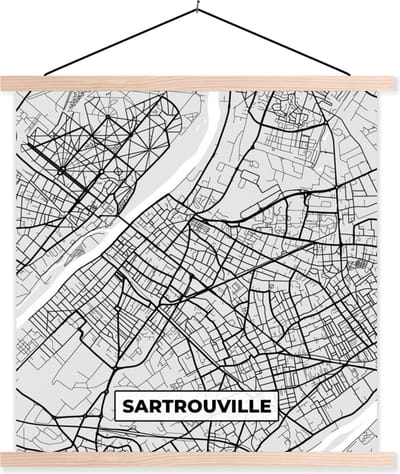 Posterhanger incl. Poster 40x40 cm - Schoolplaat - Plattegrond - Kaart - Stadskaart - Frankrijk - Sartrouville - Textielposter - Blanke latten - Stadskaart