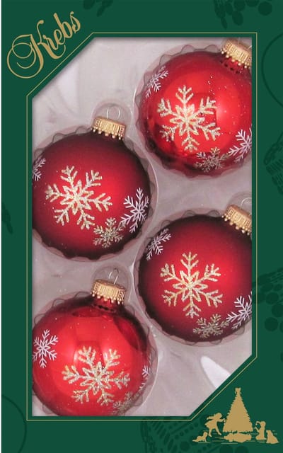 Krebs Kerstballen - 8x - rood met sneeuwvlok - glas - 7 cm - luxe gedecoreerde kerstversiering