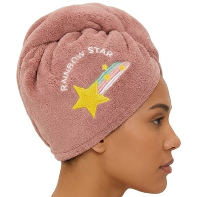 Paars microvezel haarhanddoek met geborduurde ster en regenboog – sneldrogende haarhanddoek met knoopsluiting – zacht bad accessoire voor dames en kinderen