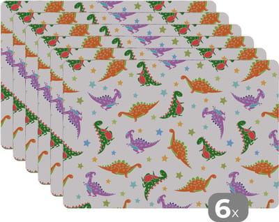 Placemat kinderen - Placemat - Placemats kunststof - Dino - Patronen - Sterren - Jongens - Meisjes - Kinderen - Kids - 45x30 cm - 6 stuks - Hittebestendig - Anti-Slip - Onderlegger - Afneembaar
