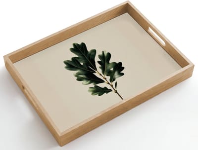 Dienblad hout 50x35 cm - Schootdienblad - Eikenbladeren - Beige - Groen - Golvende randen - Borrelplank rechthoek - Plateau dienbladen