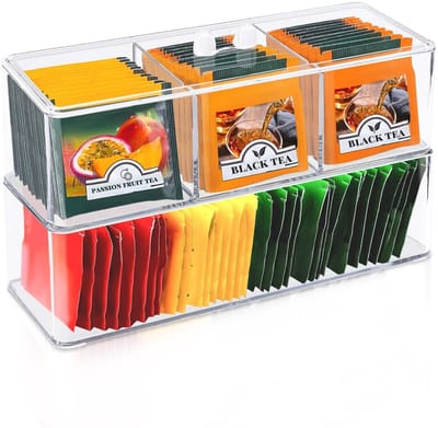 Dailygoods- Theedoos 2 vaks - Stapelbaar - Transparant - Opbergdoos voor theezakjes - Met deksel - Ruimtebesparend - Theeopberger