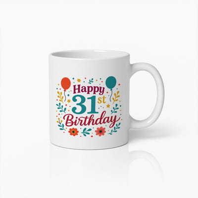 Gelukkige 31ste Verjaardag Mok 330 ml – Kleurrijke Feestelijke Koffiebeker met Ballonnen en Bloemen