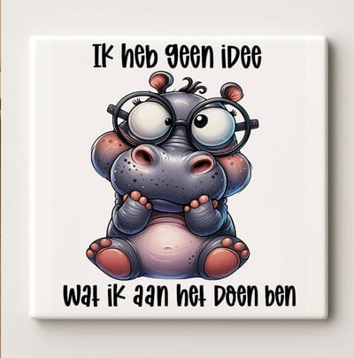 Grappige Verwarde Nijlpaard Keramische Tegel – Ik Heb Geen Idee Wat Ik Aan Het Doen Ben Quote – Humoristische Wanddecoratie – 15 × 15 cm