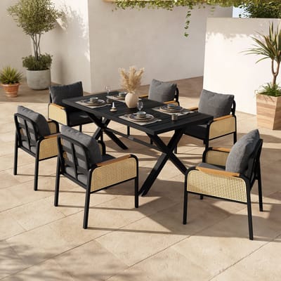 Zubaliya Tuin Eetset - 6-delig - X-vormig IJzeren Frame - WPC Tafelblad - Gevlochten Armleuningen