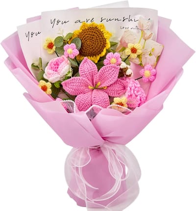 Gehaakt bloemenboeket - Handgemaakt boeket - Huisdecoratie Cadeau - 14 Gehaakte bloemen - 40x18x8 cm - Roze