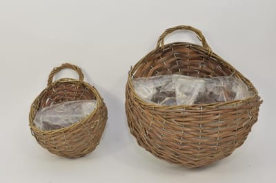 Oneiro Luxe Bloempot Set/2 wandhanger rond riet bruin 32x32x38cm – hotel chique - binnen ––– accessoires – tuin – decoratie – bloemen – mat – glans – industrieel - droogbloemen - Buiten bloempot - tuin - tuinieren