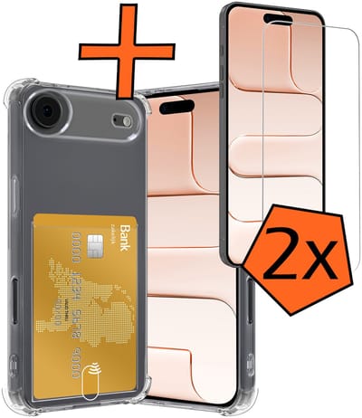 Hoes - Geschikt voor Apple iPhone Air - Met 2x Screenprotector - Pashouder - Kaarthouder - Telefoon Hoesje Shockproof - Siliconen Case - Back Cover - Shock Proof - Pasjes Houder - Transparant