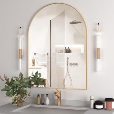 Dailygoods- Wandspiegel Gebogen 102x75cm - Wandspiegel met Metalen Frame - Gouden Wandspiegel - Badkamer/Woondecoratie - Schokbestendig - Waterdicht - Spiegel