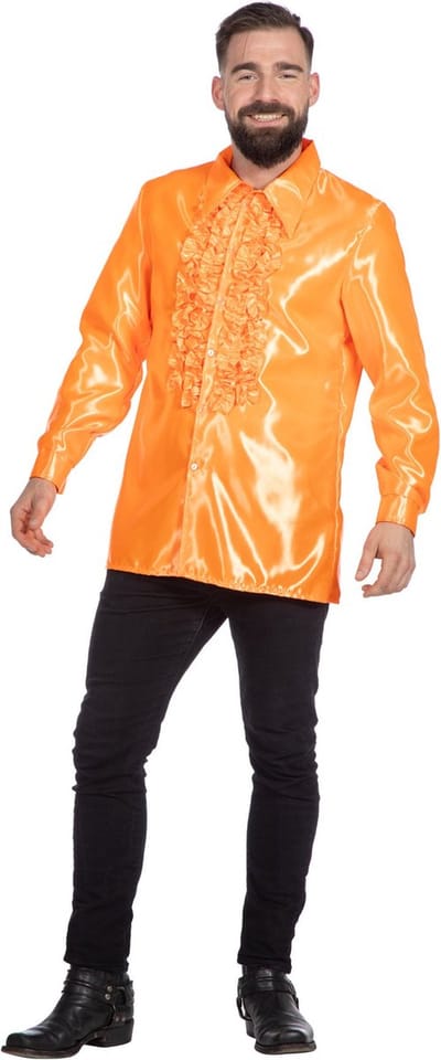 Jaren 80 & 90 Kostuum | Oranje Ruchesblouse Satijn Foute Disco | Maat 52 | Carnaval kostuum | Verkleedkleding
