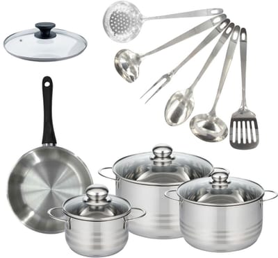 Set van 1 pan 20 cm roestvrij staal, glazen deksel, 3 roestvrijstalen kookpotten 16, 20 en 24 cm en 6 roestvrijstalen keukengerei Fackelmann Geneva