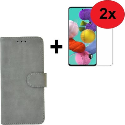 Geschikt voor Samsung Galaxy A71 / A71s Hoes Wallet Book Case Cover Pearlycase Grijs + 2X Screenprotector Tempered Gehard Glas 2 stuks