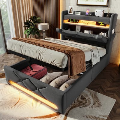 YEHTOKHOME Gestoffeerd bed Eenpersoonsbed 90x200 cm met USB- en Type C-poorten - LED-verlichting - hydraulische opbergruimte - grijs - linnen (zonder matras)