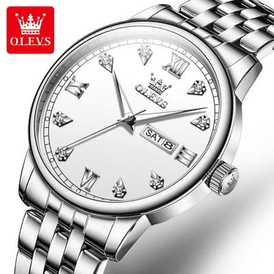 HO-5525.z : Olevs stijlvol zilverkleurig edelstaal quartz horloge, witte wijzerplaat, weekdag & datum