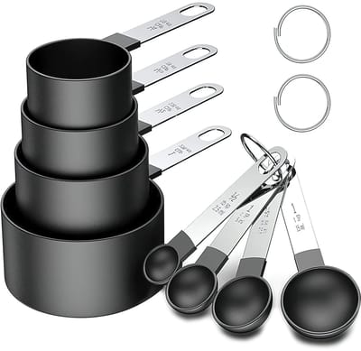 8-delige maatbeker en lepelset, kunststof maatbeker en lepel met roestvrijstalen handgreep Measuring Cups meetgereedschap voor vloeistoffen en vaste stoffen voor het koken in keukens (zwart)