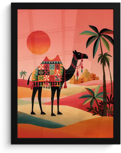 Poster in lijst - Fotolijst 30x40 cm - Posters - Kameel - Gekleurd tapijt - Duinen - Rode zon - Posterlijst zwart - Decoratie - Wanddecoratie woonkamer - Muurdecoratie slaapkamer