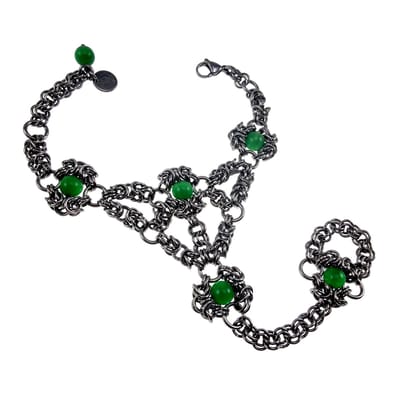 20mm Armband met Ring Dames - Gepolijst RVS - Byzantijnse Armband en Ring met Groene Kattenoog – Handgemaakt Verstelbaar 16cm tot 19cm