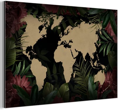 Wanddecoratie Metaal - Aluminium Schilderij Industrieel - Wereldkaart - Bruin - Tropische planten - 120x80 cm - Dibond - Foto op aluminium - Industriële muurdecoratie - Voor de woonkamer/slaapkamer