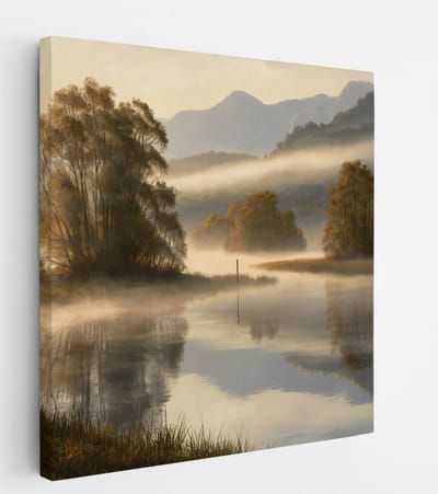 Saammp Canvas Schilderij -Mistig Landschap - Bergen - Natuur - 20x20 - Foto op canvas - Wanddecoratie - Muurdecoratie Woonkamer - Slaapkamer decoratie - Canvas Print