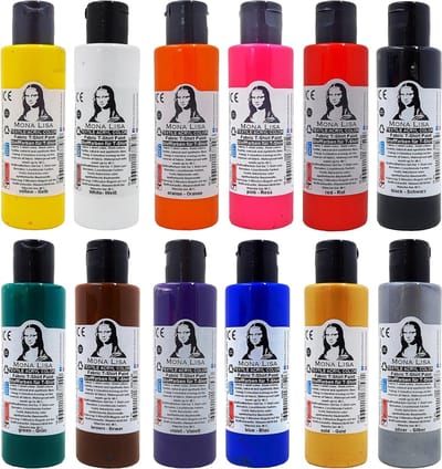 Textielverf Set van 12 levendige kleuren, elk 60 ml. Wasbare textielverf 10 kleuren + 2 metallic kleuren (goud en zilver) Machinewasbare textielverf 12 x 60 ml T-shirtkleuren