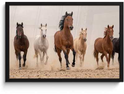Poster in lijst - Fotolijst 60x40 cm - Posters - Kudde paarden - Stofwolk - Bruin - Zwart - Posterlijst zwart - Decoratie - Wanddecoratie woonkamer - Muurdecoratie slaapkamer