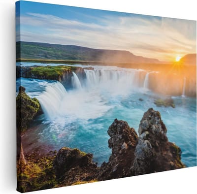 Artaza Canvas Schilderij Landschap IJsland - 40x30 cm - Klein - Wanddecoratie Waterval - Muurdecoratie Zon - Schilderijen Op Canvas Natuur