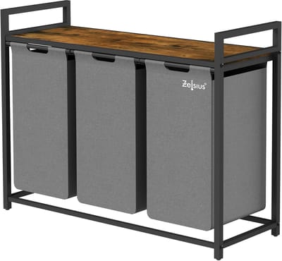 Zelsius Wasmand met 3 vakken, grijs, 92,5 x 33 x 72 cm, wasmand met plank, vuilwaszak met waszak, wassorteerder, waszak, wassysteem, wasmand