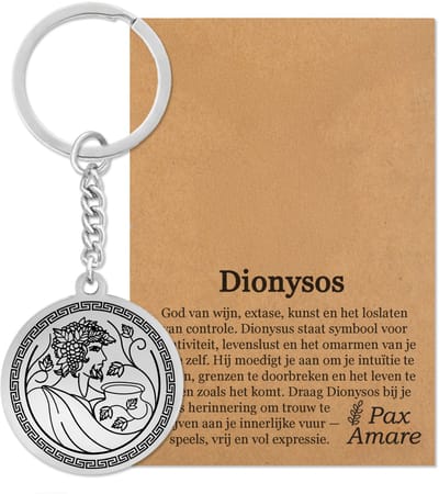 Griekse God Dionysos Sleutelhanger op Cadeau Kaartje - Zilverkleurige Mythologie Talisman - Roestvrij Staal - Olympus Cadeau - Pax Amare
