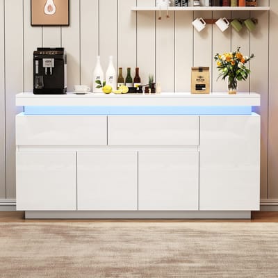 Dressoir - 140x35x72,5 cm - Modern met LED - 4 Deuren en 2 Laden - Hoogglans - Wit