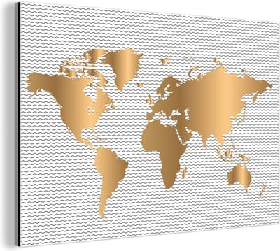 Aluminium schilderij 150x100 cm - Wanddecoratie metaal - Wereldkaart - Goud - Patroon - Kinderen - Jongens - Meisjes - Metalen muurdecoratie woonkamer - Decoratie industrieel - Foto op dibond - Industriële accessoires slaapkamer