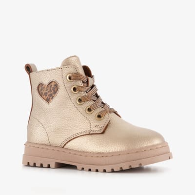 Groot leren meisjes veterboots met hartje goud - Maat 21 - Uitneembare zool