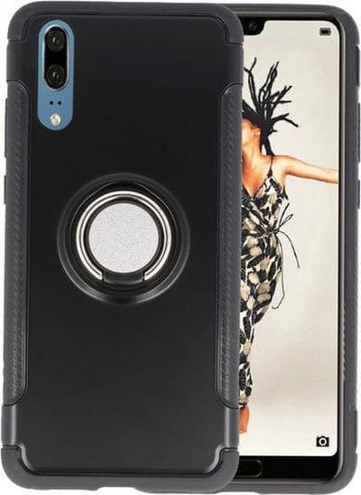 Zwart Pantser TPU met Ringhouder hoesje voor Huawei P20