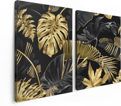Artaza Canvas Schilderij Tweeluik Gouden Tropische Bladeren - 120x80 - Foto Op Canvas - Canvas Print
