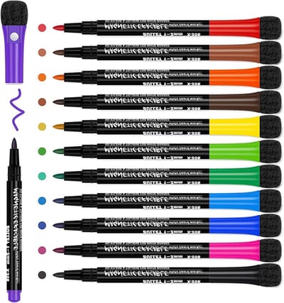 12 Witte Whiteboard Markers met Fijne Punt en Sponsgum voor Kinderen en Leraren, Perfect voor Klaslokaal en Creatieve Projecten