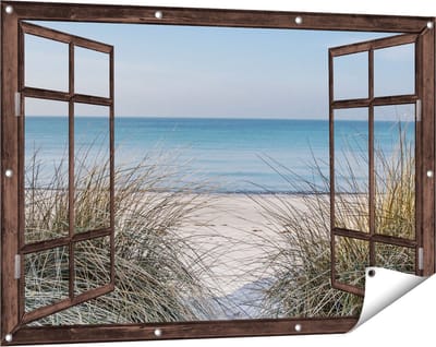 Gards Tuinposter Doorkijk Strand en Zee vanuit de Duinen - 120x80 cm - Tuindoek - Tuindecoratie - Wanddecoratie buiten - Tuinschilderij