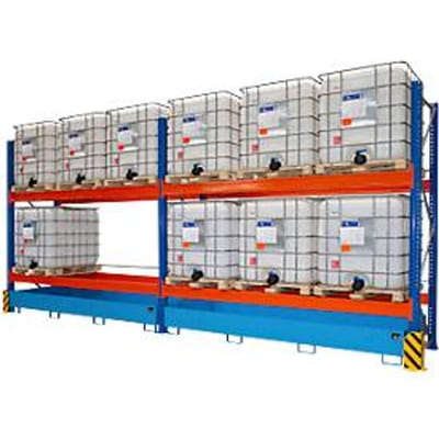 Basis milieurekstelling 3300-2, palletstelling, B 3500 x D 1300 x H 3000 mm, voor max. 6 IBC's, 1000 l opvangbak, lichtblauw/verkeersblauw/puur oranje
