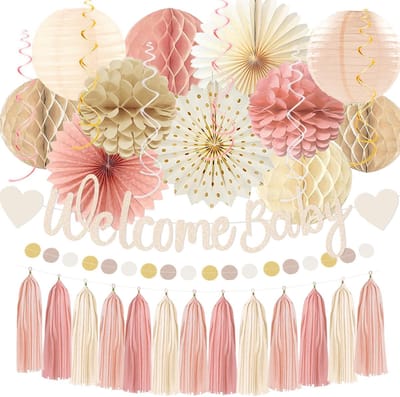 Roze Boho Babyshower Feestdecoraties Beige Champagne Meisje Welkom Baby Banner Decoratie Met Honeycomb Ballen Papieren Bloemen Lantaarns Pompons Waaiers